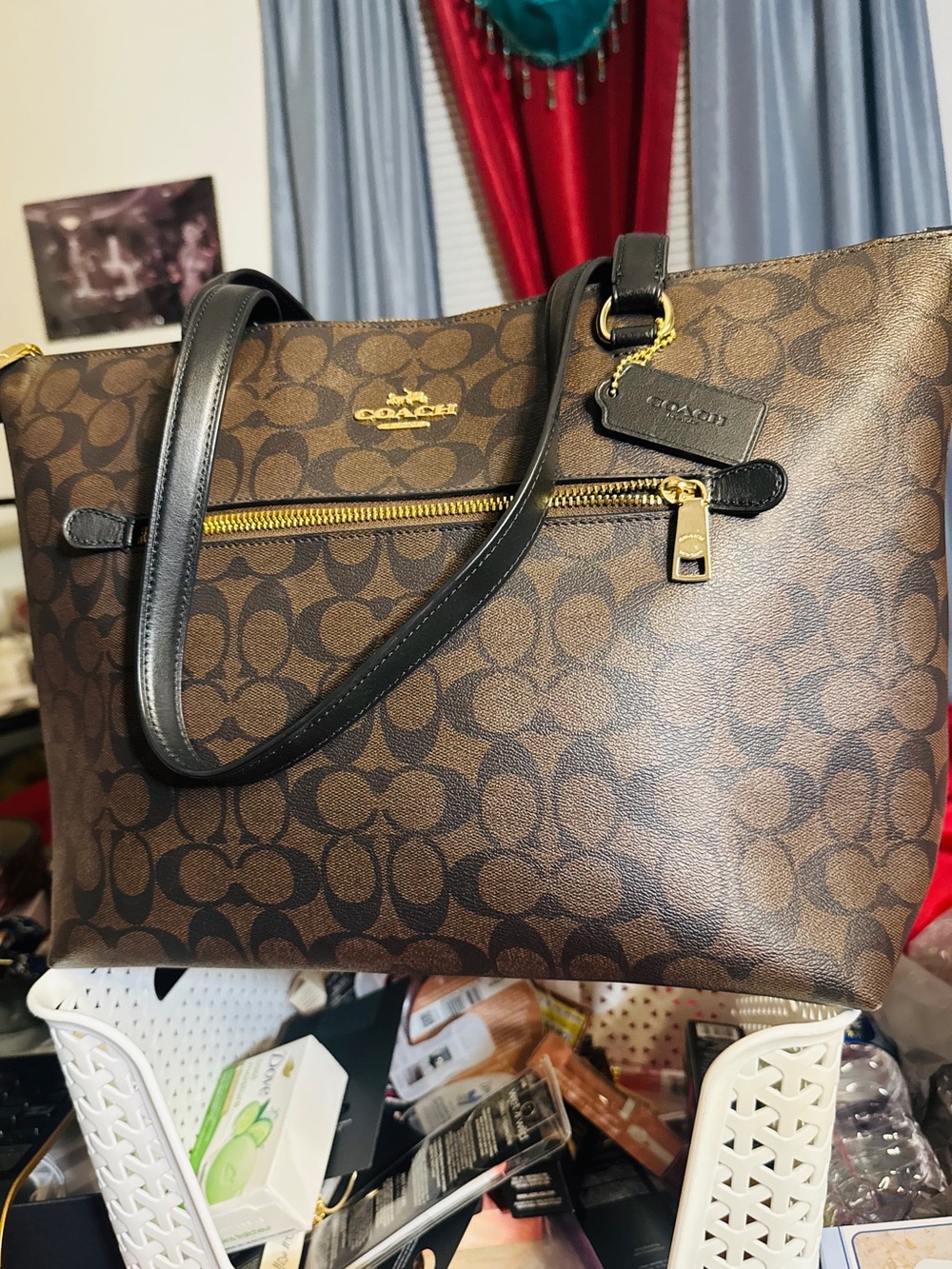 Coach Brown Signature Canvas Tote with Black Leather Straps and Gold Hardware